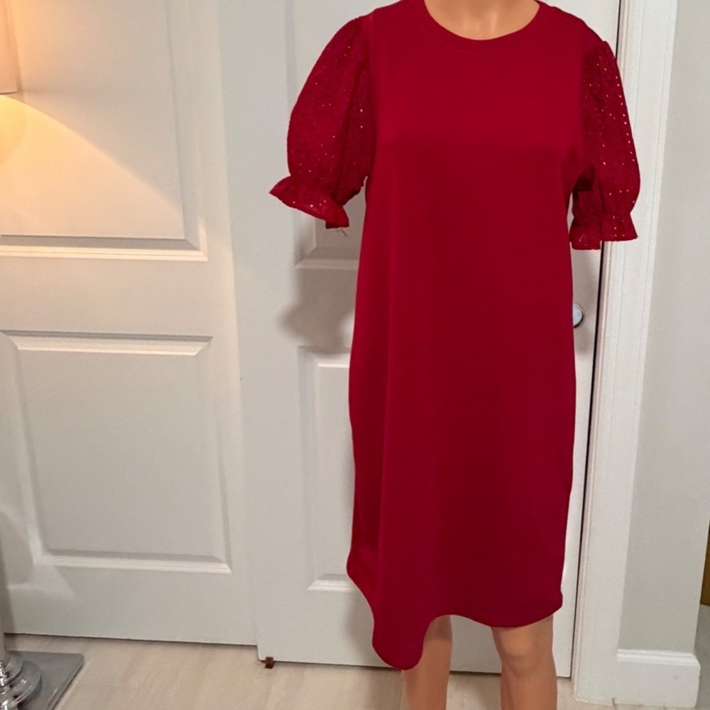Cynthia Rowley Red Eyelet Puff Sleeve Knit Shift Dress Womens Small